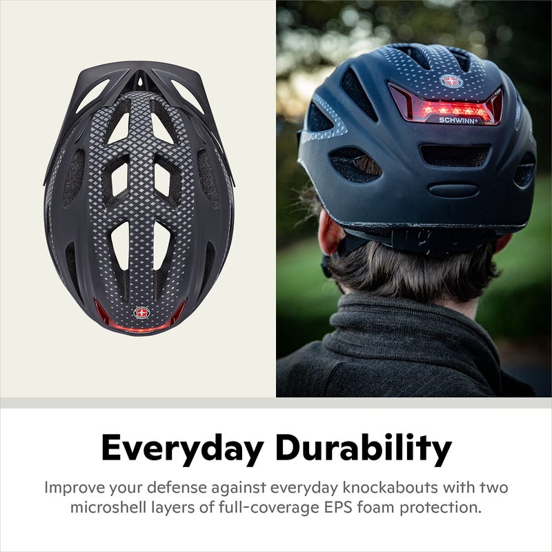 SCHWINN خوذة شوان للإضاءة للبالغين، مقاس 58 - 62 سم للركاب من عمر 14 عامًا فما فوق، ضوء LED خلفي، شرائط عاكسة، قرص وأحزمة قابلة للتعديل، 17 فتحة تهوية، واقي شمس قابل للإزالة، خوذة دراجة للبالغين - Image 4